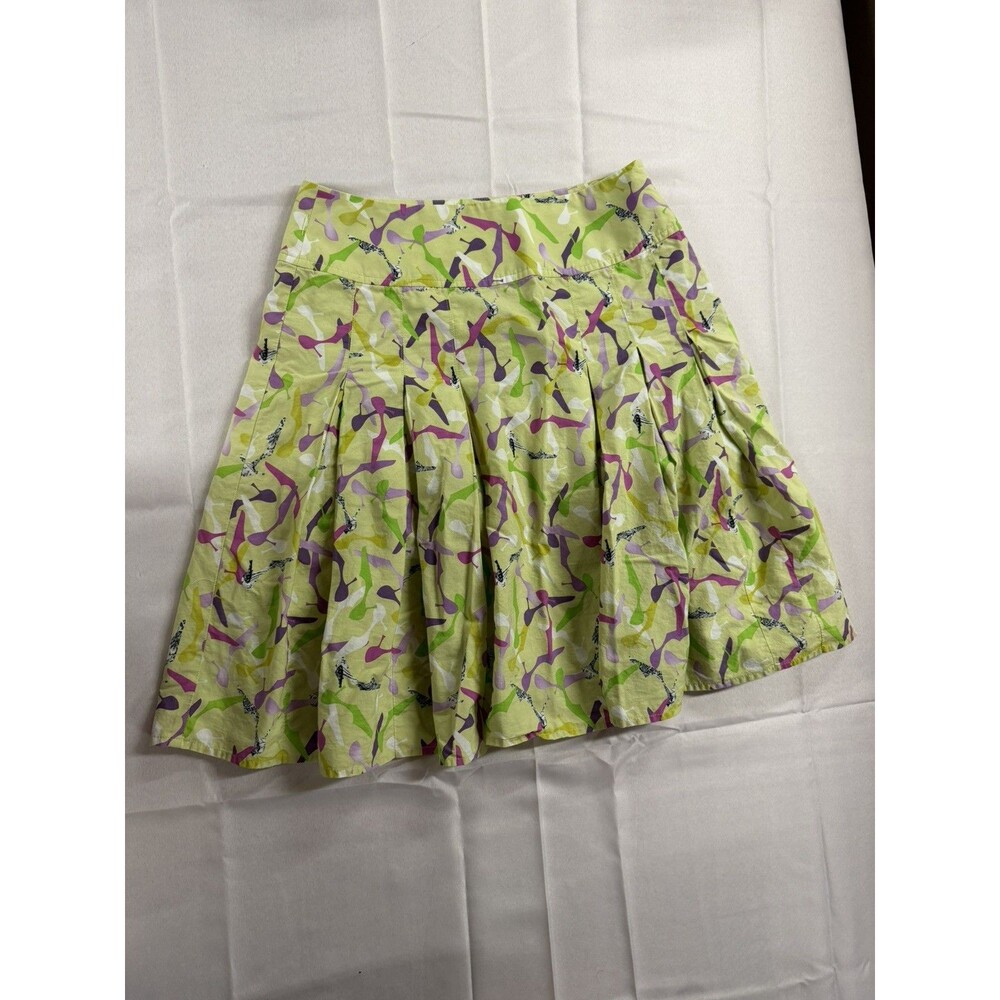 Liz Claiborne Green Pleated A-Line Skirt Womens 10 Abstract High Heel Shoe Print